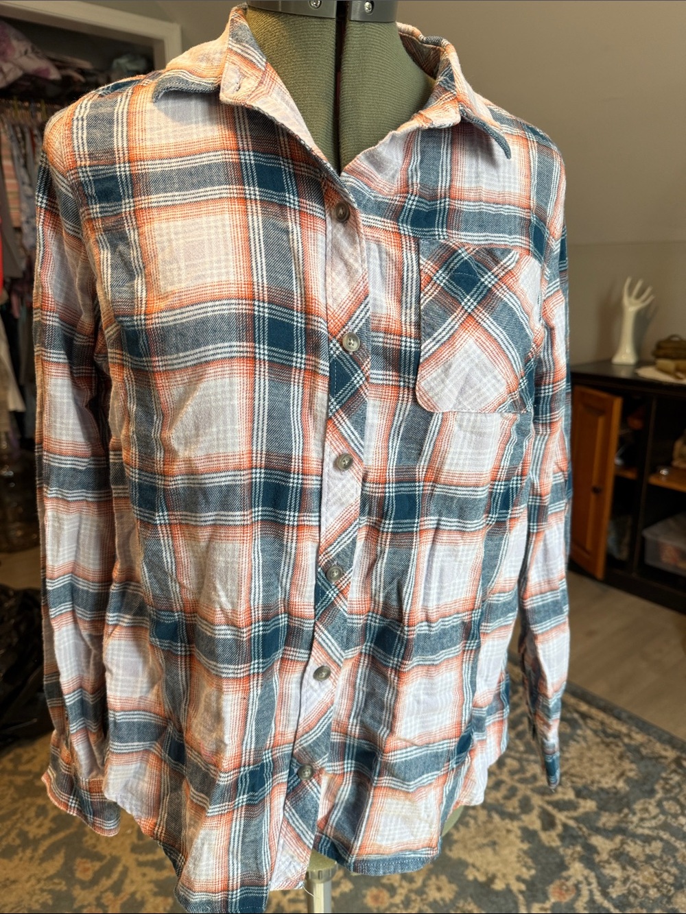 Eddie Bauer Plaid Button-Down Shirt - White, Blue & Orange